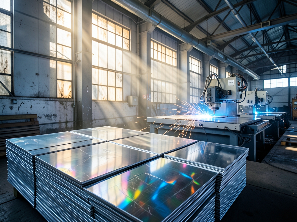 Sunlight streams through high ceiling industrial fabrication hall illuminating