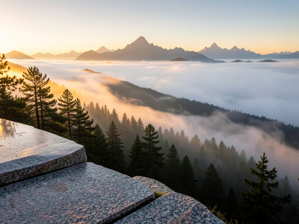 mountain overlook golden dusk with layered drifting through