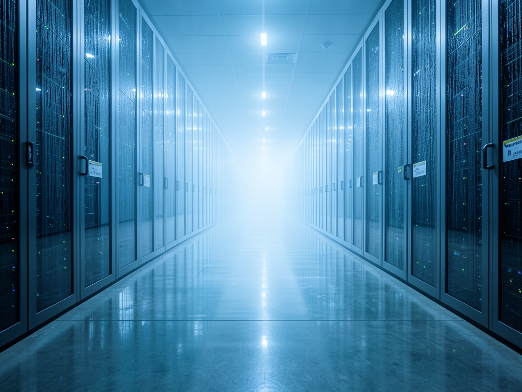 vast data center corridor stretching into soft blue