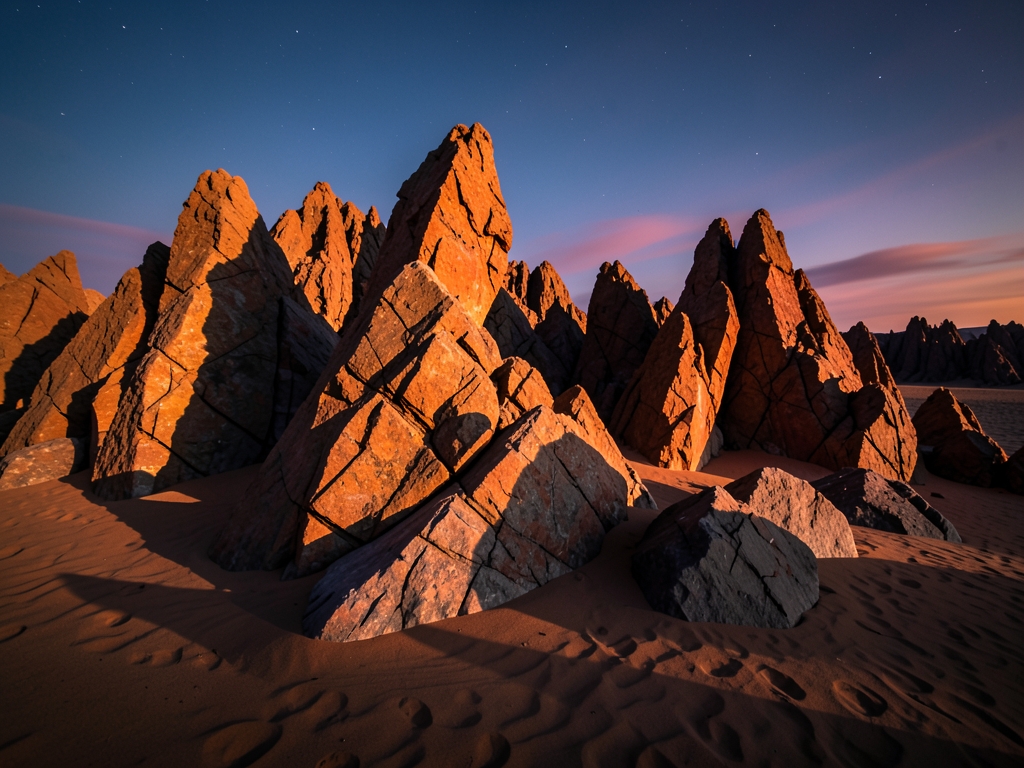 Dramatic desert landscape twilight with jagged rock formations