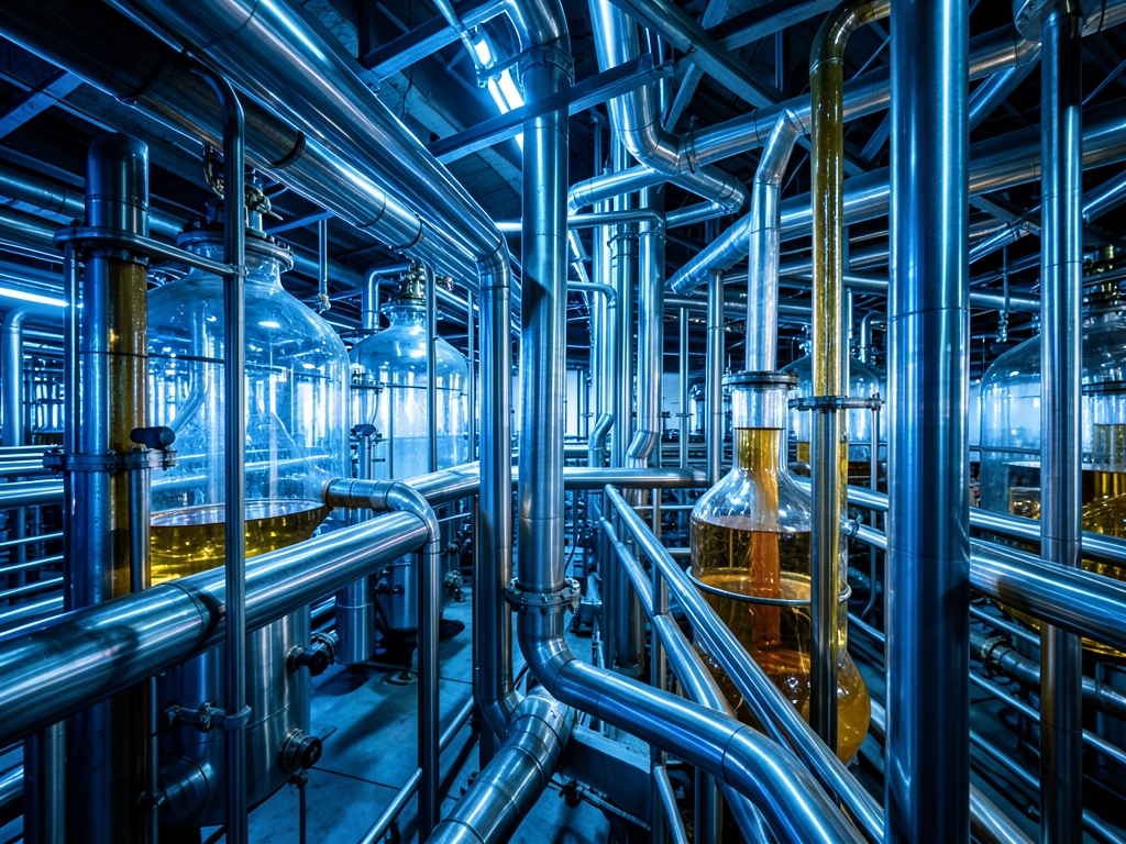 Vast industrial refinery interior bathed cool blue light
