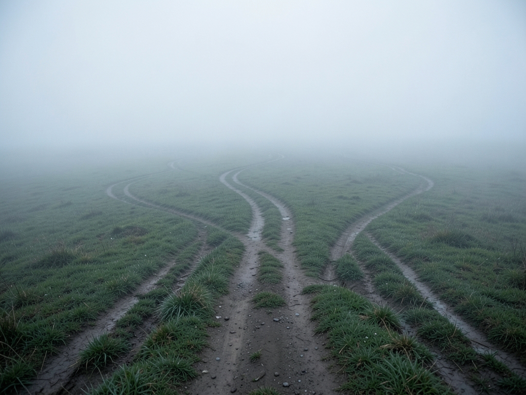 vast foggy plain crossed single winding dirt path