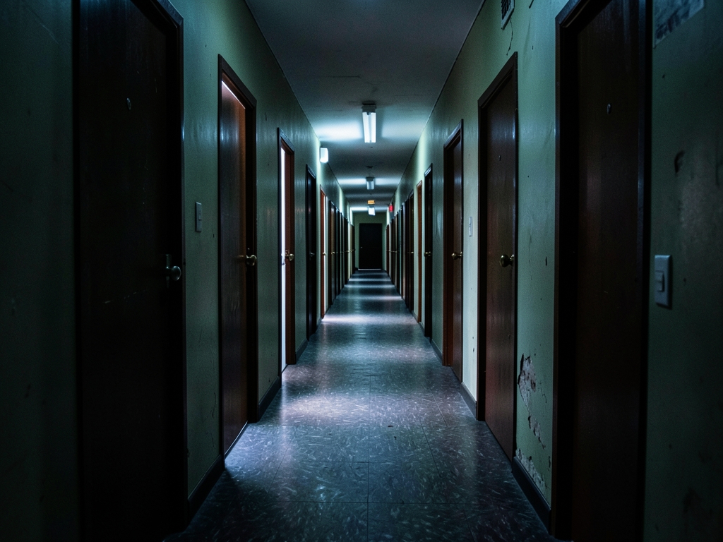 long dimly corridor lined with countless identical doors