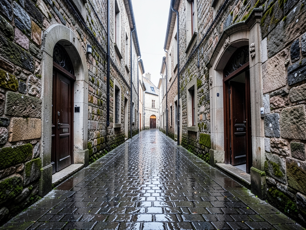 Narrow cobblestone alley European town after rain weathered