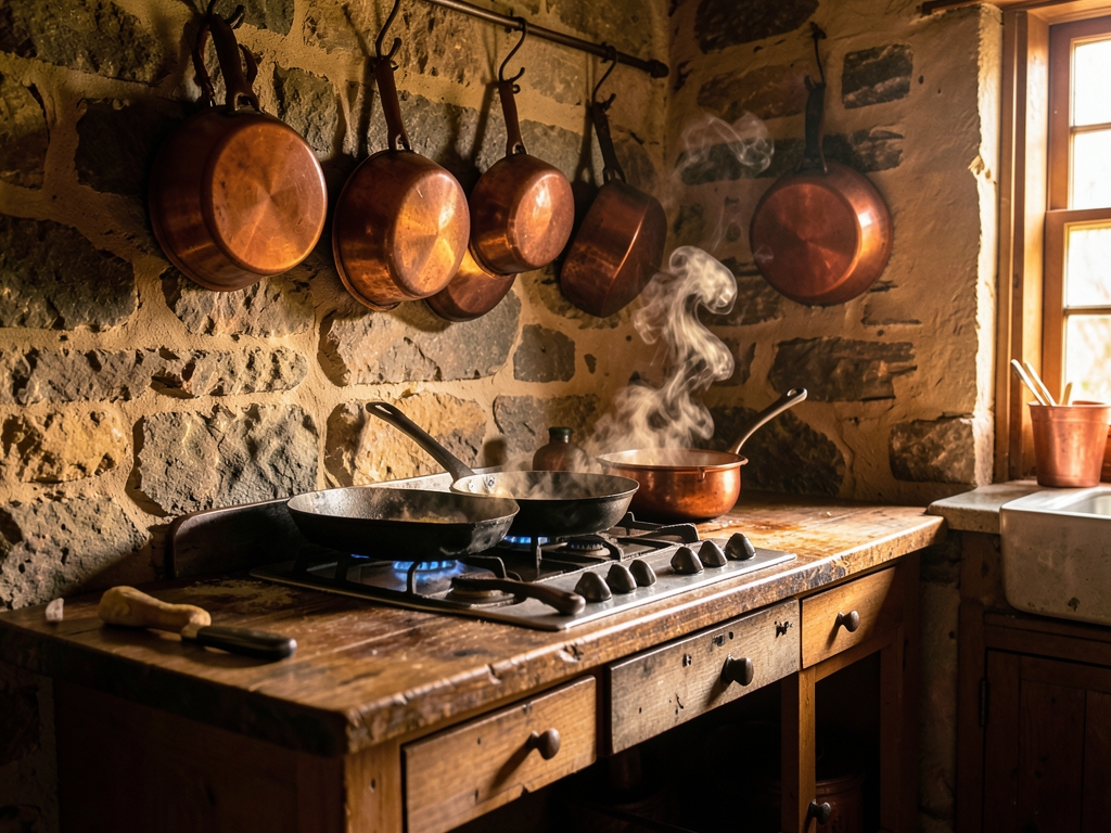 sunlit farmhouse kitchen with copper pots hanging rough