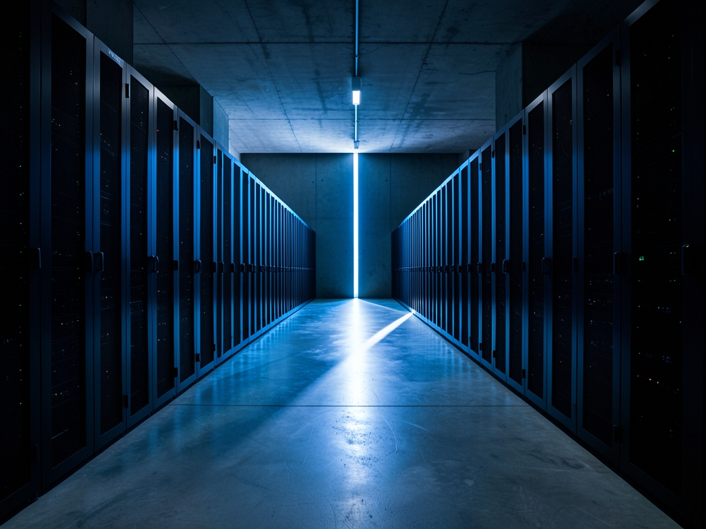 Interior cavernous low ceilinged office data hall night endless
