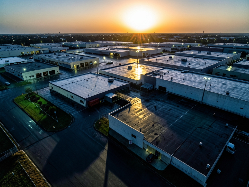 Aerial view sprawling flat roofed industrial park dusk long