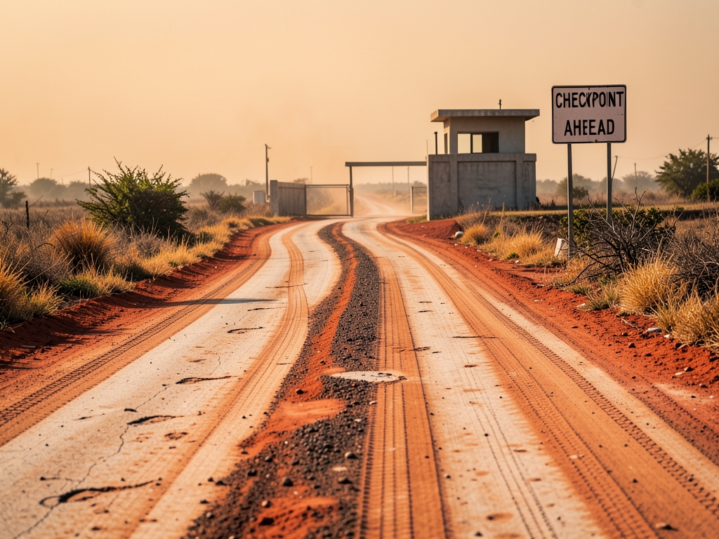 long dirt road under hazy amber leading toward