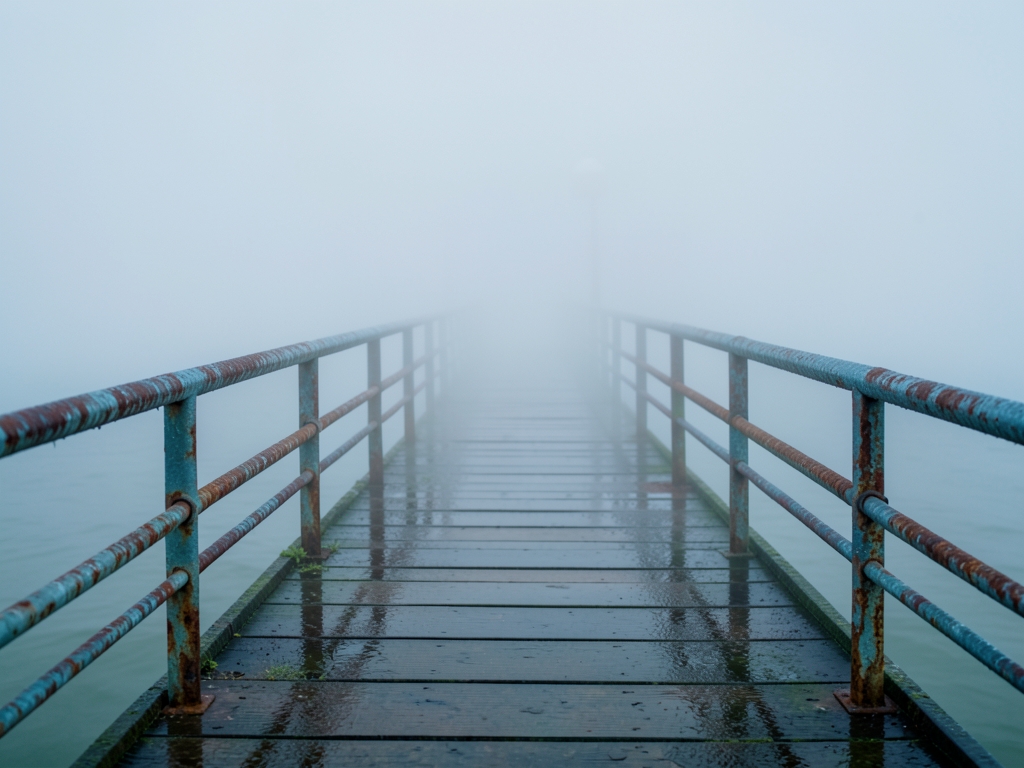 fog covered coastal pier dawn with diffused grey light