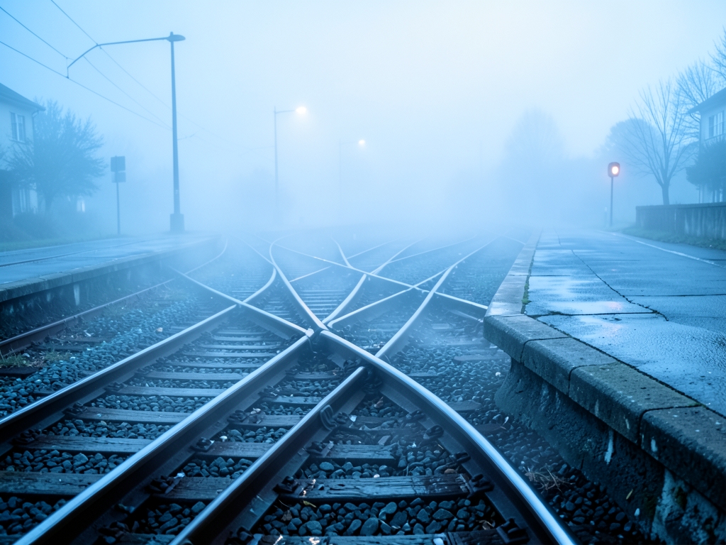 Foggy railway junction dawn steel tracks concrete platform