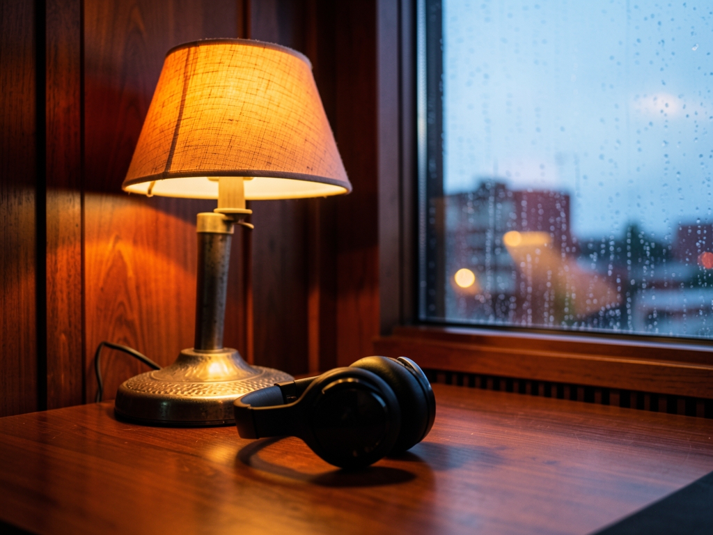 Warm recording studio dusk amber desk lamp wooden