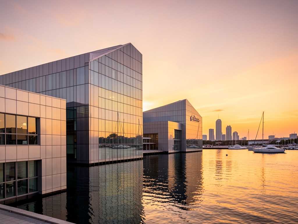 Sleek modern architecture featuring polished steel glass reflecting
