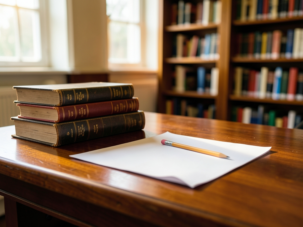 Quiet university library desk with blank paper pencil