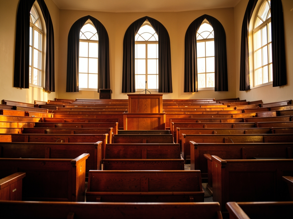 Empty tiered lecture hall with wooden seats bathed