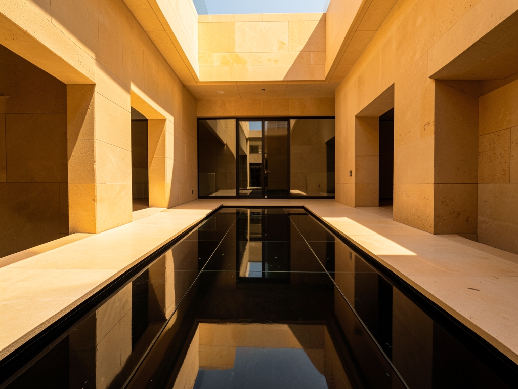 Sunlight streams through minimalist stone atrium where geometric