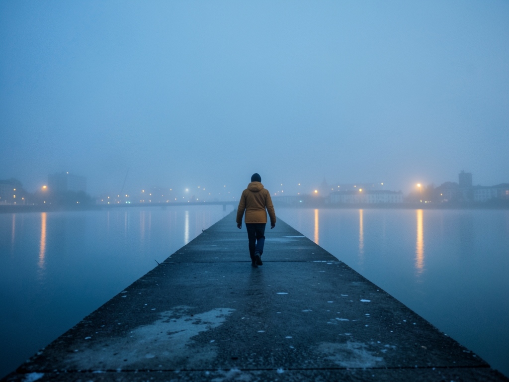 lone figure walking fog drenched concrete pier twilight where