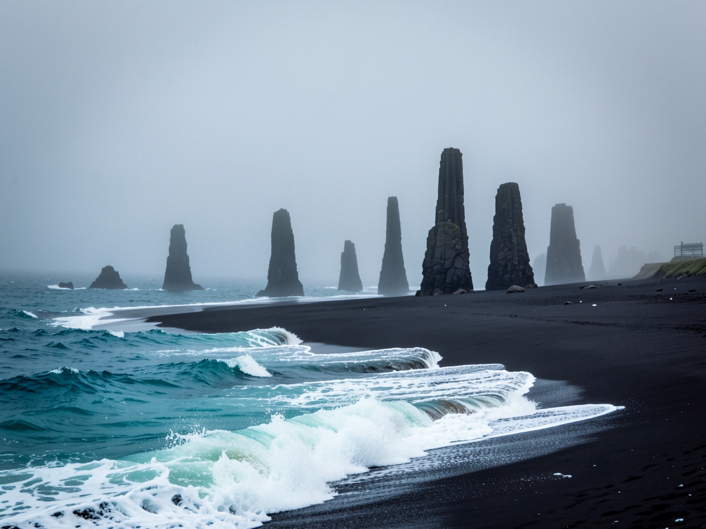 dramatic black sand beach with towering basalt columns
