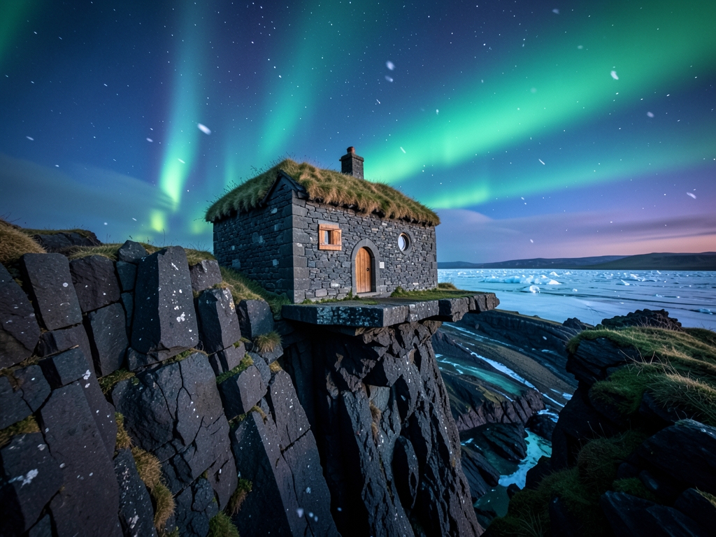 solitary turf roofed stone cottage perched rugged volcanic cliff