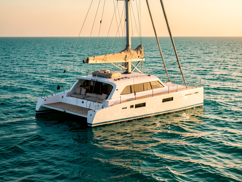 sleek white catamaran gliding across turquoise under soft