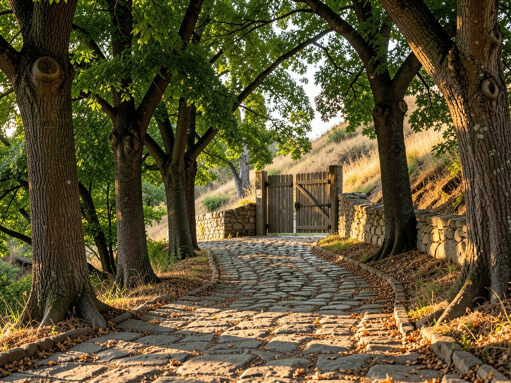 winding stone path leading through grove mature trees
