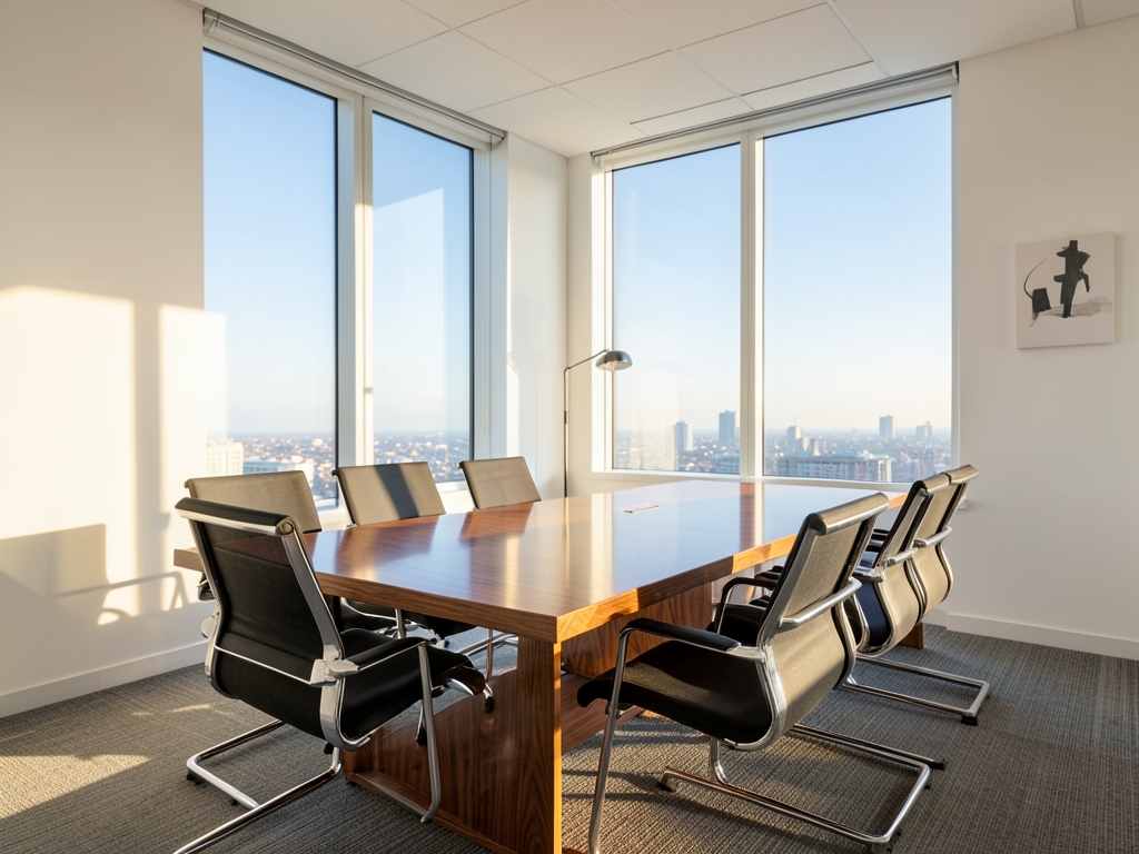 sunlit minimalist modern office conference room with long