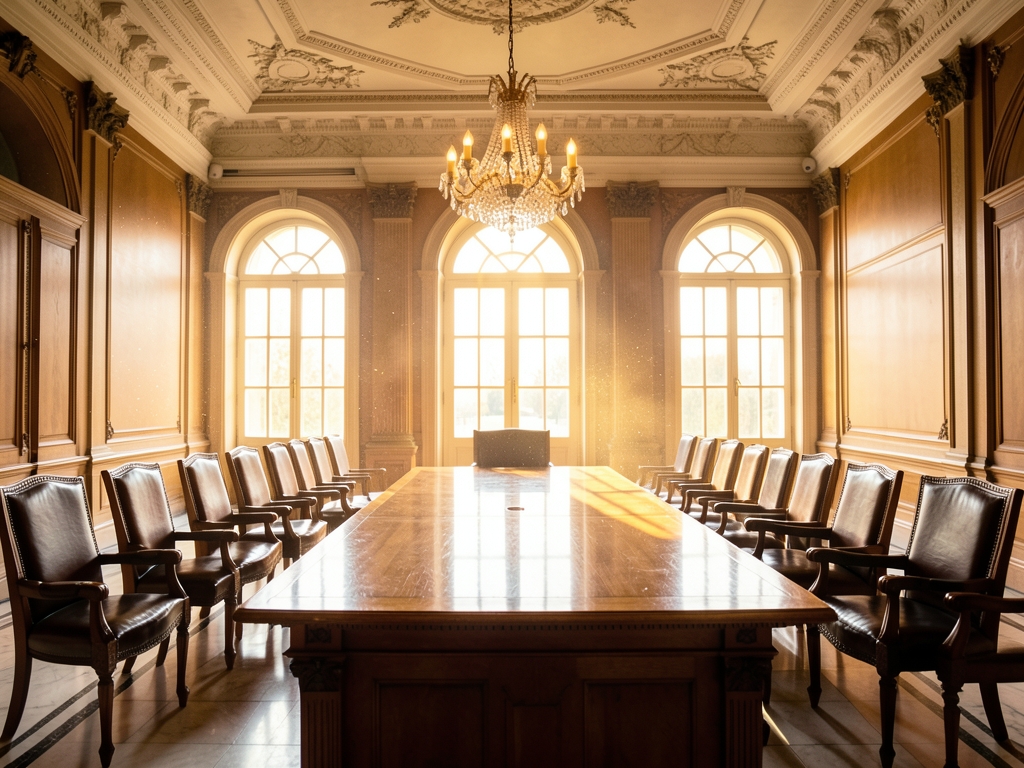 Grand neoclassical tribunal chamber with long polished timber
