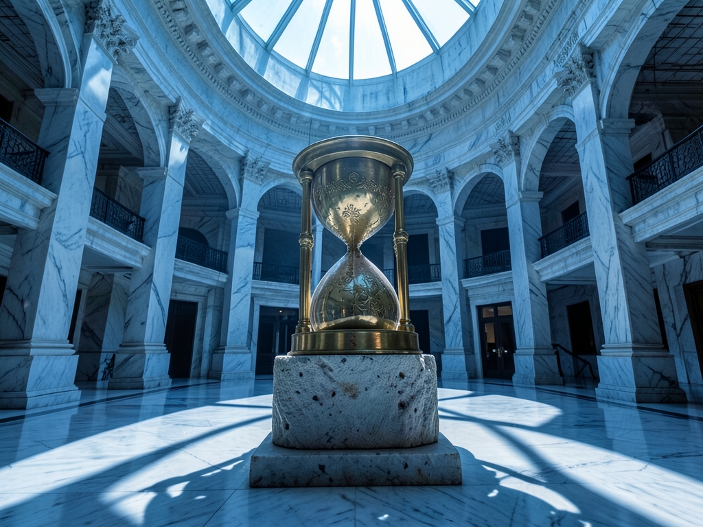 Vast marble atrium with monumental brass hourglass stone
