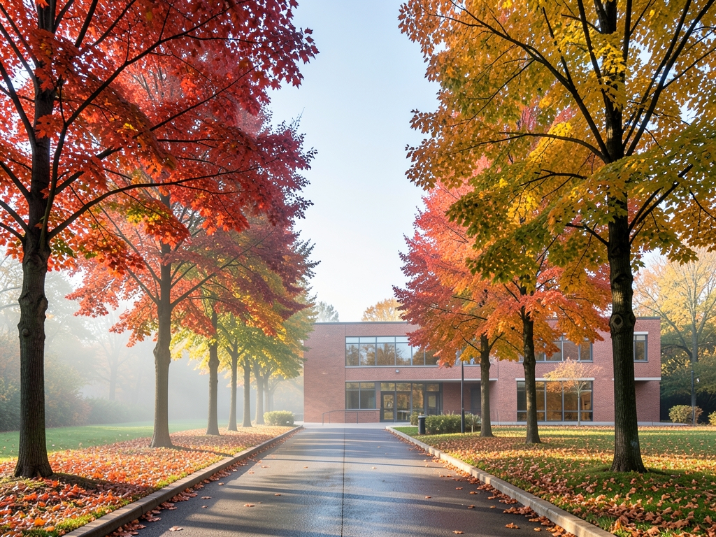 Quiet tree lined walkway toward modern brick medical pavilion