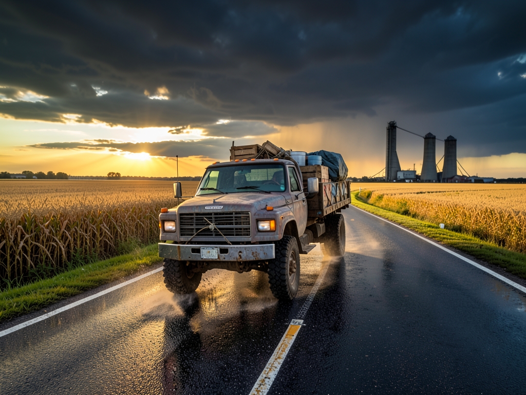 Heavy duty pickup hauling loaded flatbed down rural highway