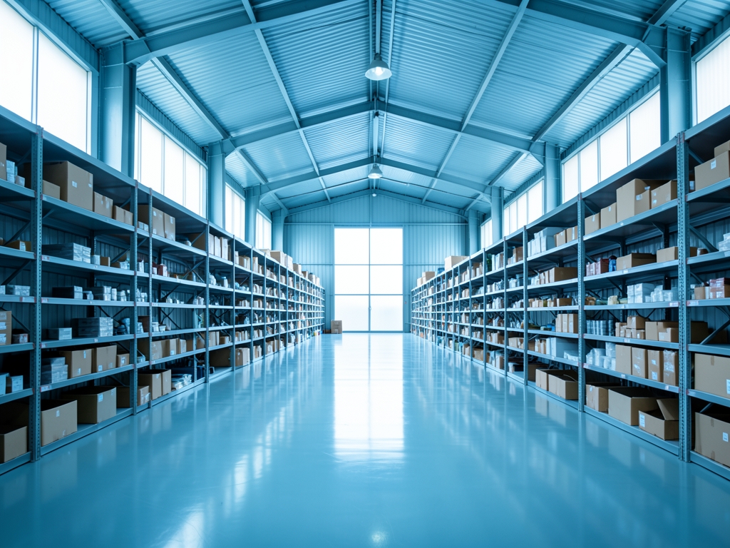 vast warehouse interior with high corrugated metal ceilings