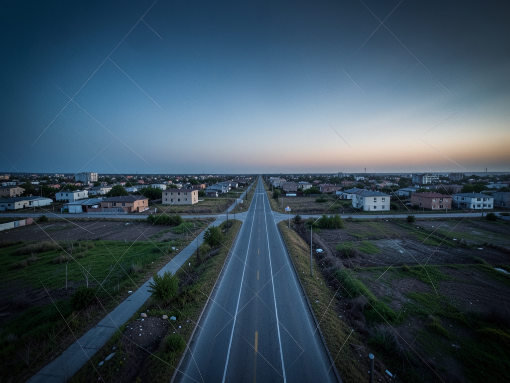 Overcast twilight scene sprawling suburban landscape where faint