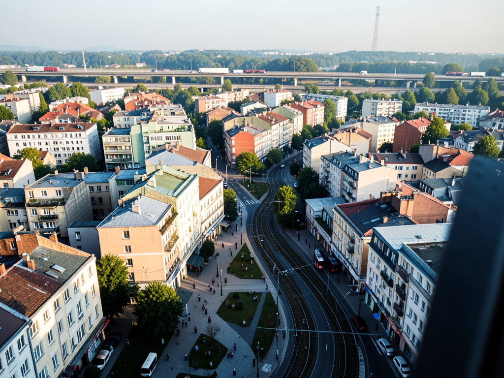 Sun drenched aerial view dense urban neighborhood bisected subtle