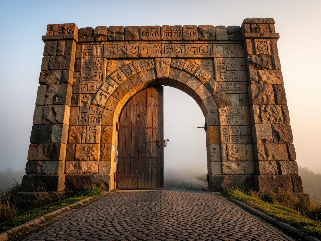 towering stone gate slowly closing misty endless road