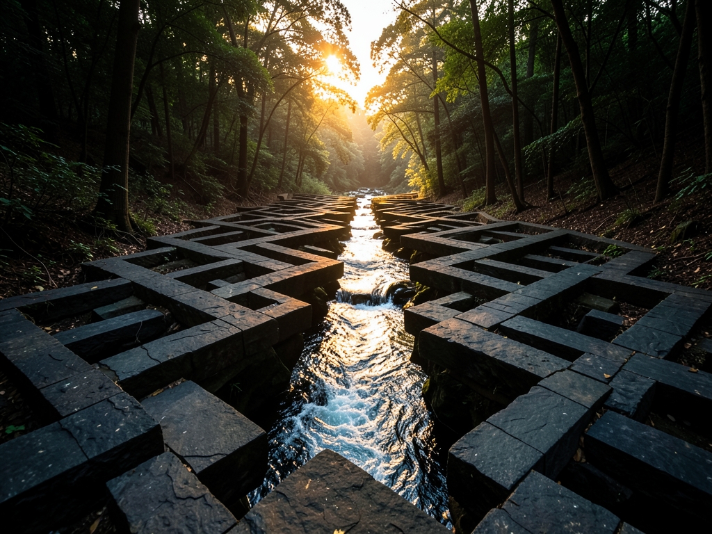 Abstract landscape interlocking geometric stone pathways where sudden