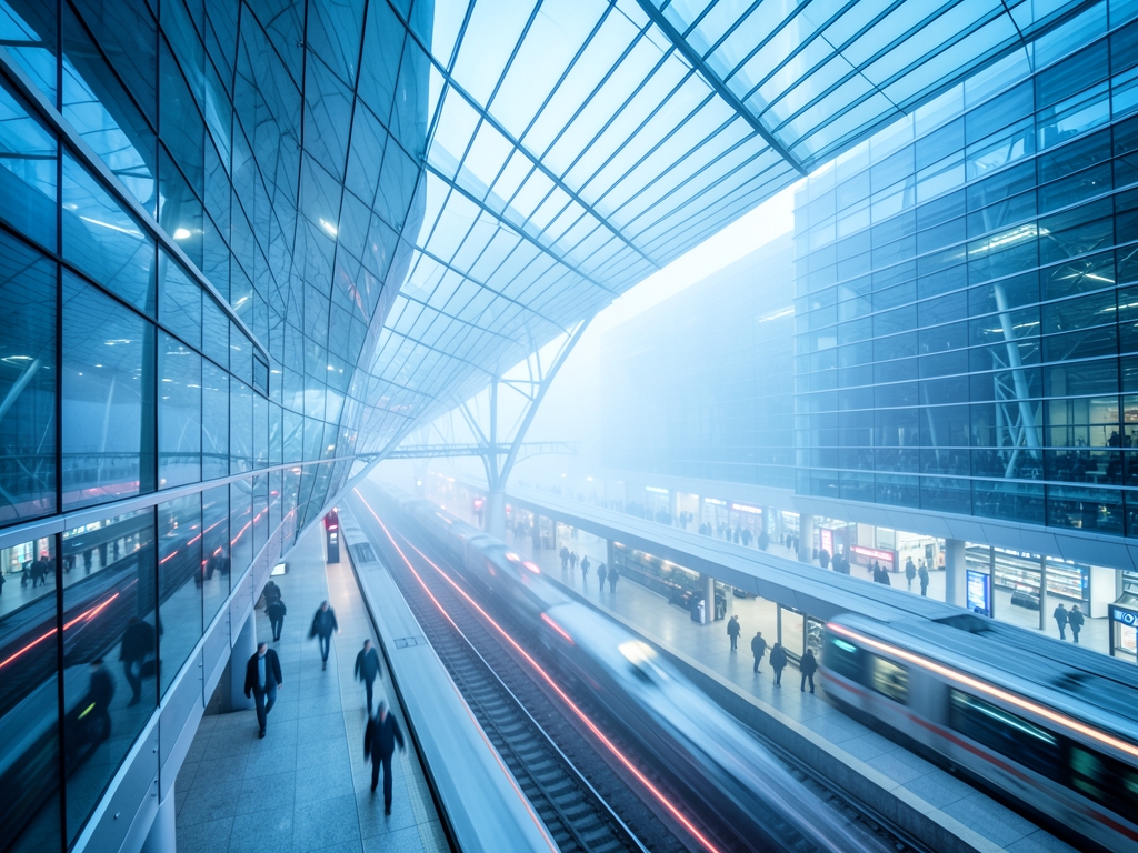Sleek futuristic transit with sweeping glass architecture blurred