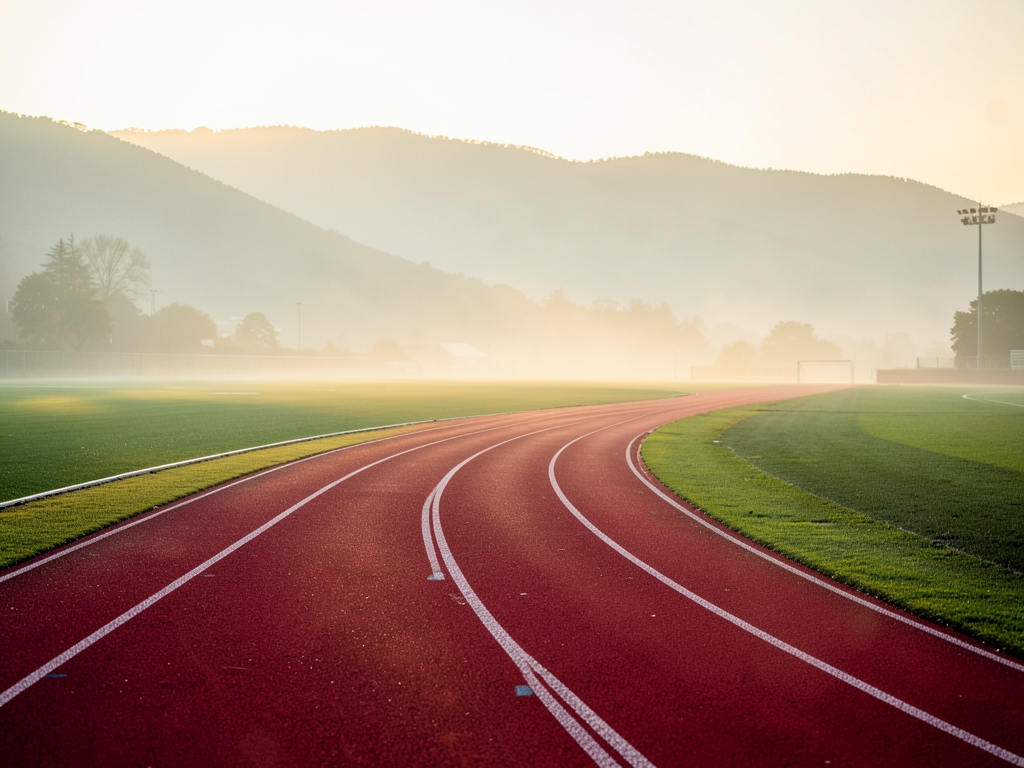 Morning mist over outdoor running track with lanes