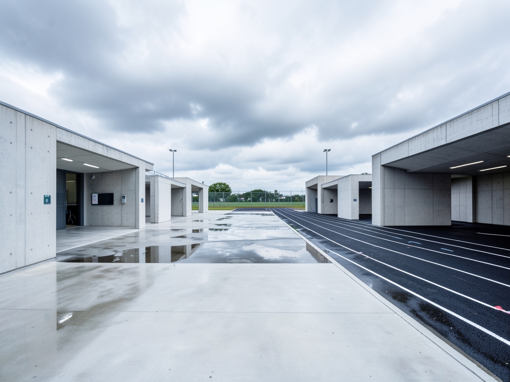 Modern athletic training complex with concrete pavilions open