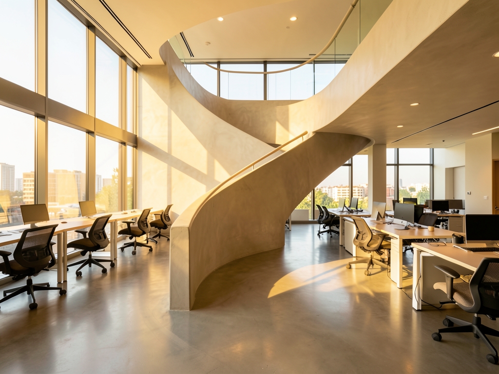 sunlit open plan workspace with smooth concrete floors warm
