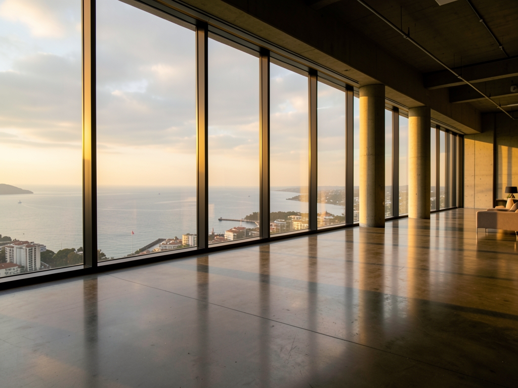 vast open loft space with floor to ceiling glass walls