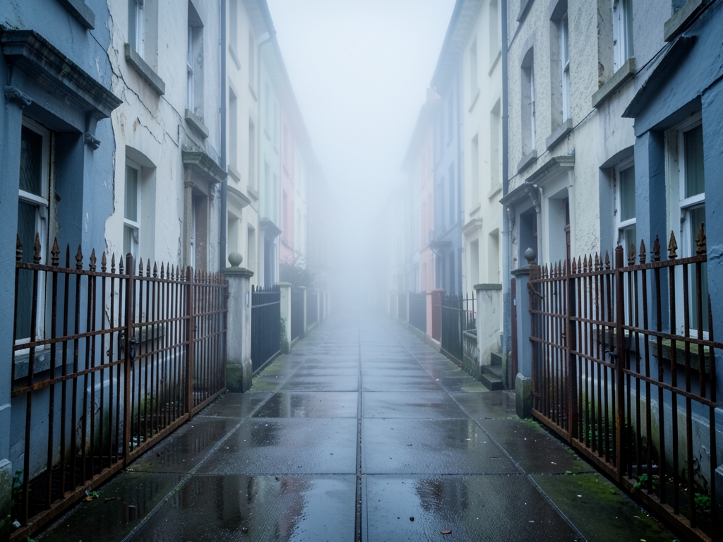 narrow fog drenched street lined with tightly packed Victorian