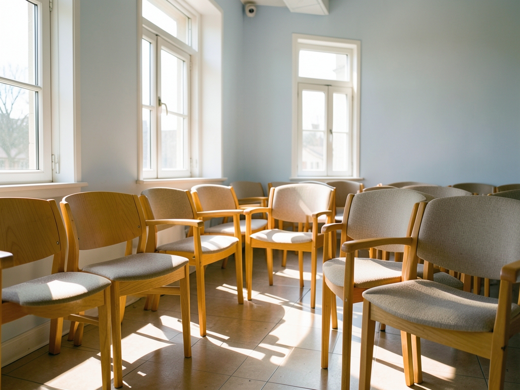 Sunlight streams through tall clinic windows onto rows