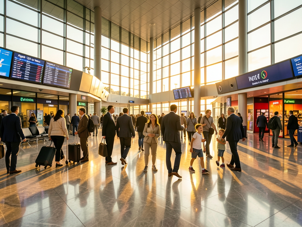 vast airport terminal golden hour polished marble floors