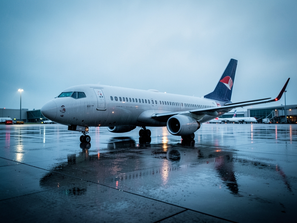lone aircraft rain soaked tarmac twilight concrete gleaming under
