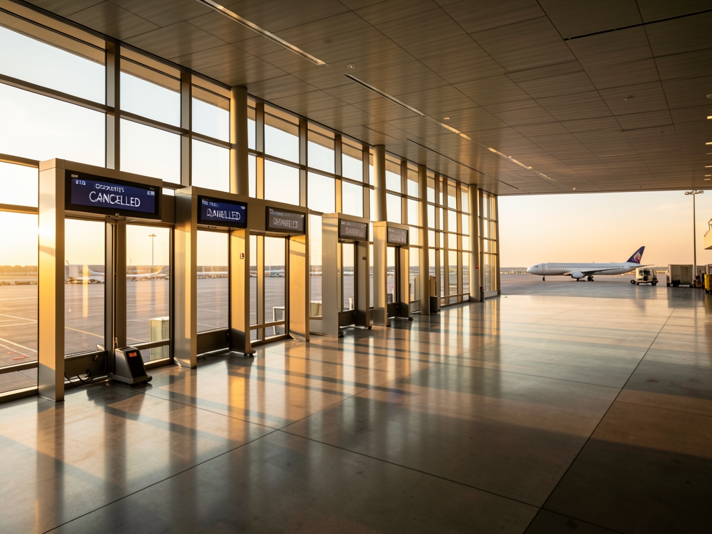 wide shot modern airport terminal golden hour warm