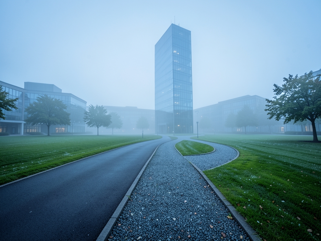 overcast dawn over sprawling corporate campus wide smooth