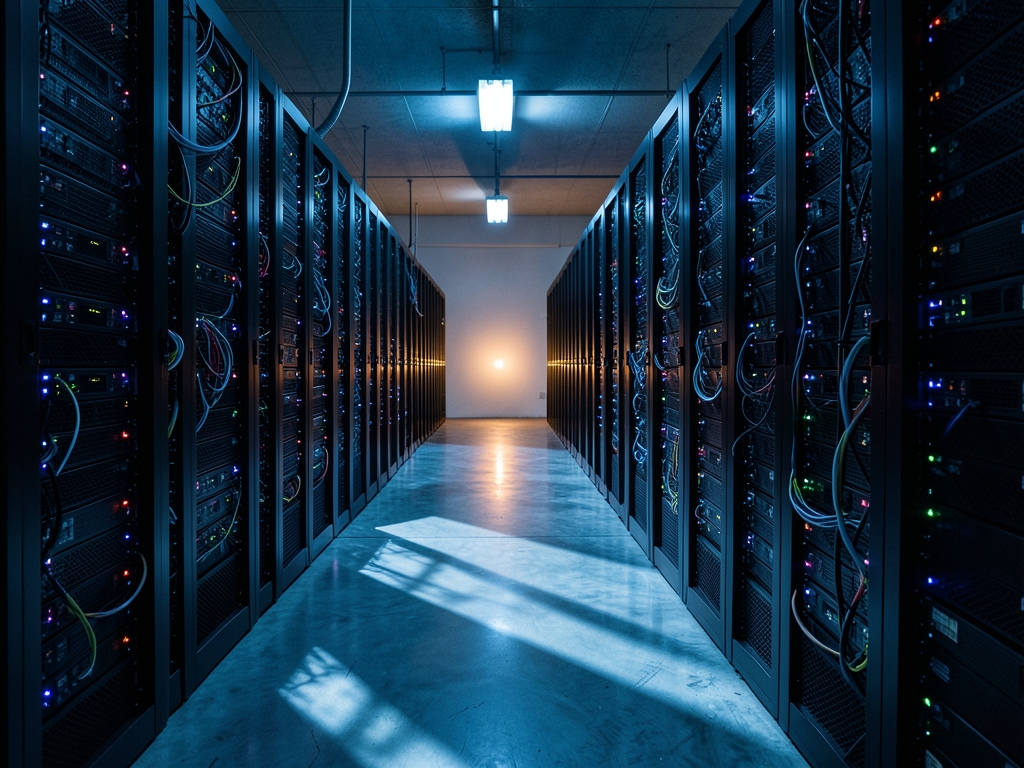 vast dimly server room with rows identical black
