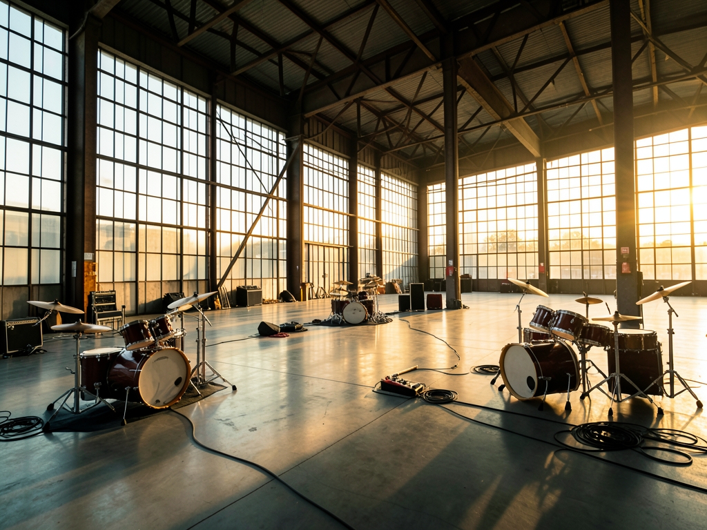 vast open warehouse golden hour steel beams glass