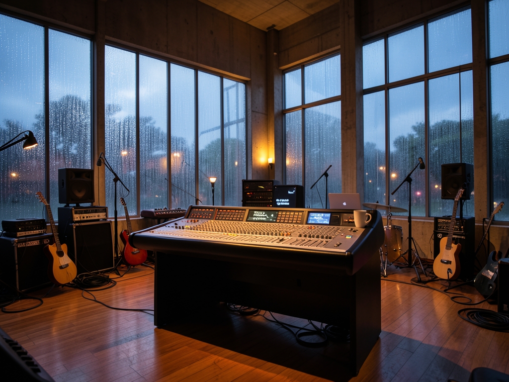 dimly concrete music studio dusk rain streaking tall