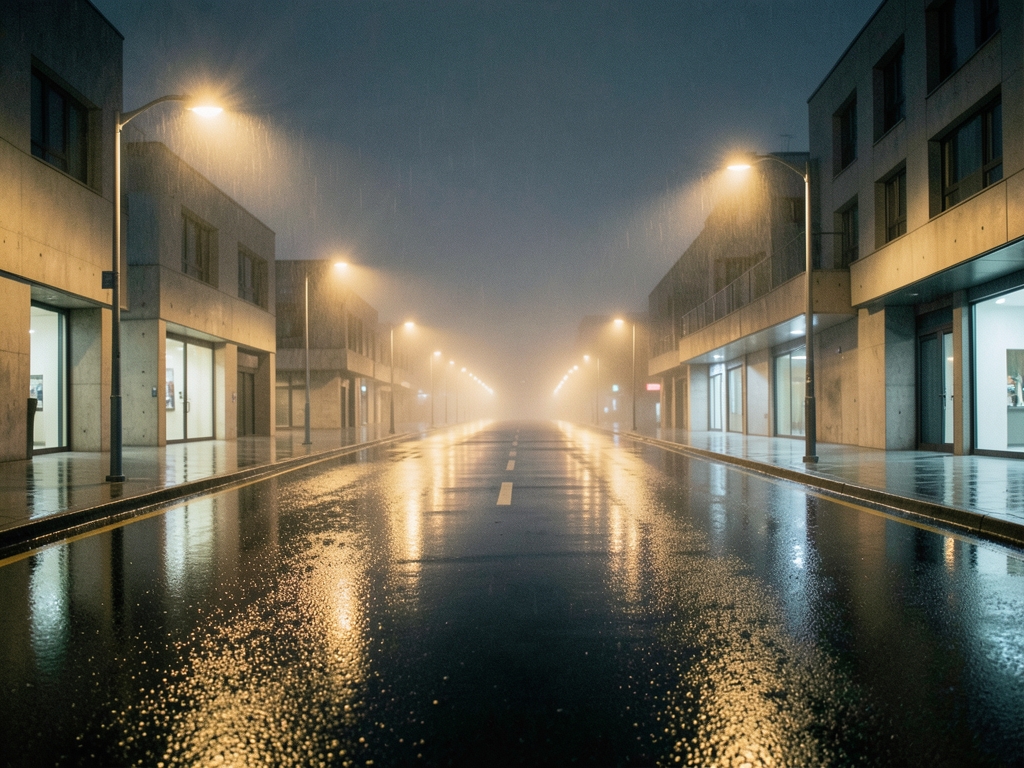 Empty city boulevard night with glowing street lamps