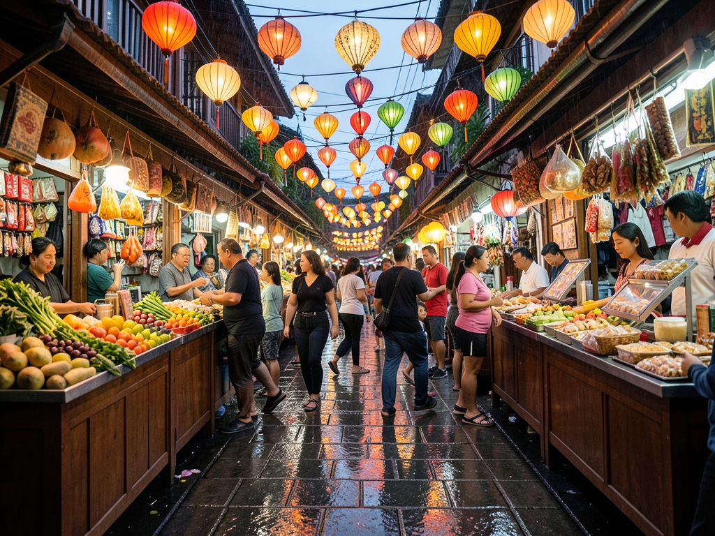 Warm evening Malaysian street market with glowing lanterns